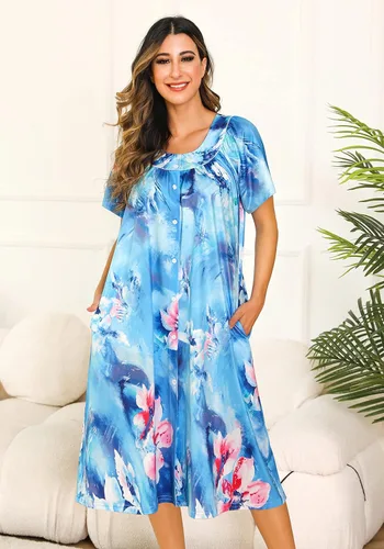 Miniatura 2 de YOZLY Vestido de casa para mujer, de manga corta, abrigo de casa con bolsillos