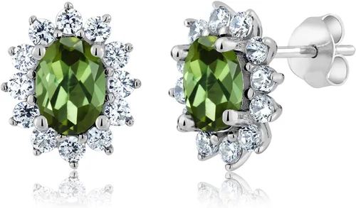 Miniatura 196 de Gem Stone King Aretes ovalados de plata de ley 925 de 0.276 x 0.197 in con piedra natal de la princesa Diana, estilo halo real para mujeres