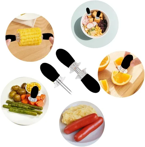 Miniatura 3 de 16 unidades/8 pares de soportes de maíz negro – soportes de mazorca de maíz de acero inoxidable, brochetas de diseño entrelazado para cocinar