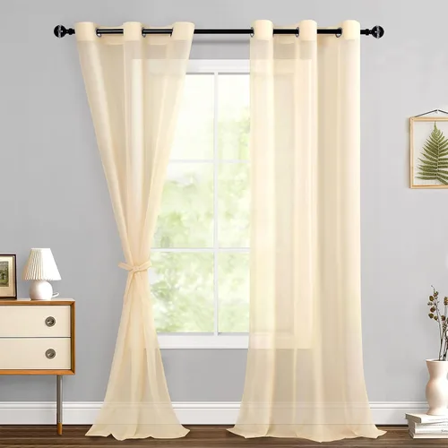 Miniatura 155 de Hiasan - Cortinas traslúcidas de gasa cortas semitransparentes con ojales y alzapaños filtrantes de luz para ventana, dormitorio, baño, 2 paneles