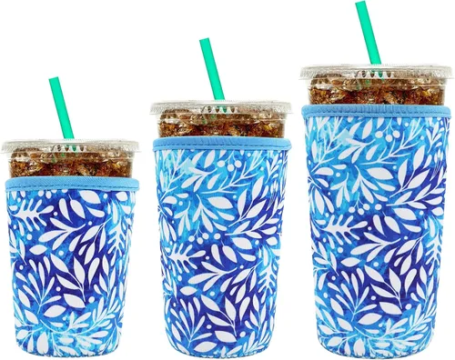 Miniatura 18 de YR Funda aislante de neopreno reutilizable para tazas de café helado, paquete de 3 fundas para bebidas heladas y calientes, enfriador de bebidas