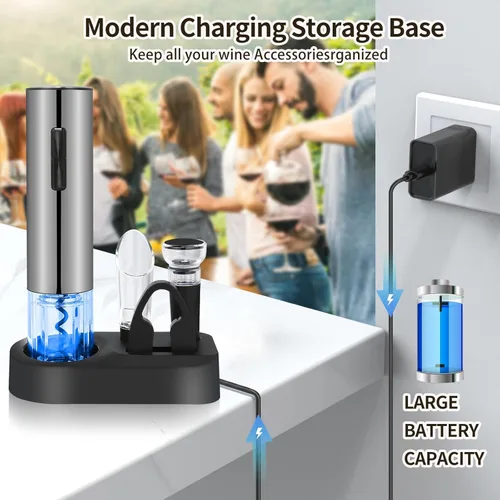 Miniatura 4 de VIDYSUFYR Juego de abridor eléctrico de botellas de vino, plateado, abridor automático de botellas de vino con luz LED, kit de sacacorchos
