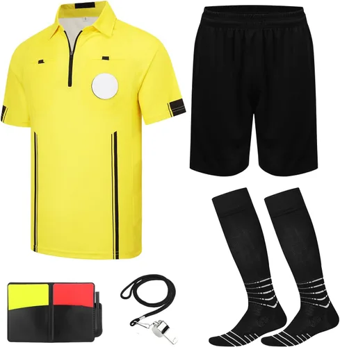 Miniatura 8 de VKT Kit de árbitro de fútbol, camiseta de árbitro de fútbol, pantalones cortos, calcetines de referencia, silbato, tarjeta roja y amarilla