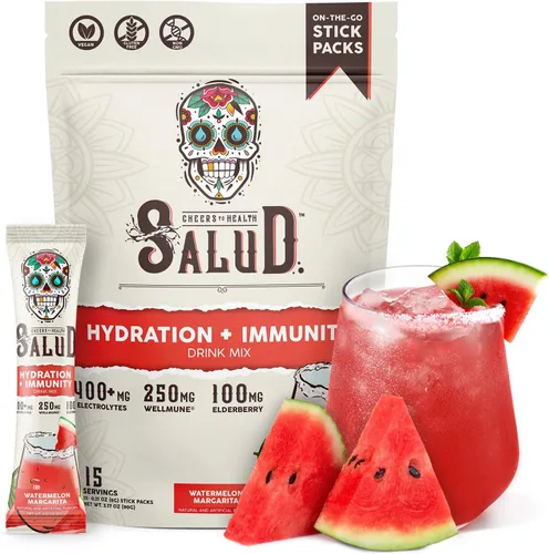 Paquetes de Hidratación 2-en-1 Salud + Polvo de Electrolitos para la Inmunidad, Margarita de Sandía - Mezcla para Bebida de Agua Fresca, Baya del
