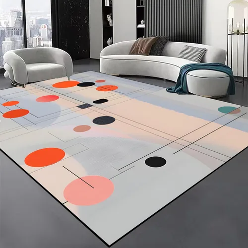 Miniatura 18 de Alfombra geométrica abstracta negra/marrón/naranja de 6x8 pies - Alfombra lavable multicolor moderna retro, alfombra antideslizante