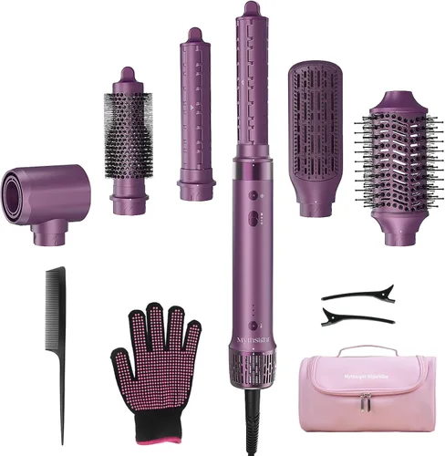 Mythsight StyleVibe 6-en-1 estilista de aire, secador de pelo y cepillo secador de pelo con estuche de viaje - Rulos de enrollado automático (L/R),