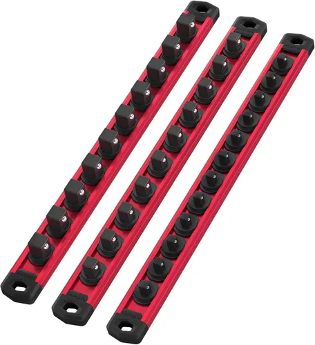 Miniatura 30 de WORKPRO Organizador magnético de llaves de vaso, riel de llaves de aleación de aluminio de 1/2 pulgada, soporte para llaves de vaso de servicio Rojo