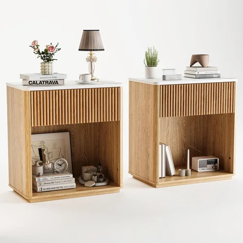 Miniatura 9 de Juego de 2 mesitas de noche acanaladas modernas para dormitorio, juego de mesita de noche de mediados de siglo con parte superior y cajón de mármol