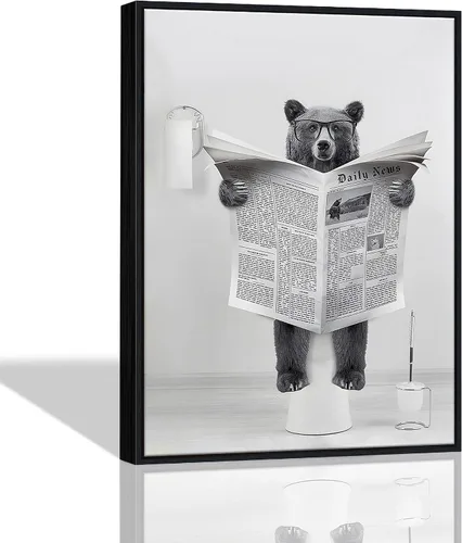 Divertida bañera de oso, lienzo minimalista en blanco y negro con imagen de oso en el baño, diseño de animales humorísticos, decoración de pared de