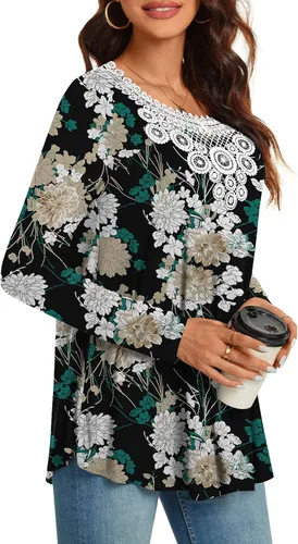 Miniatura 3 de CATHY Women Tunic Tops Long Sleeve Fall Casual Fashion Crochet Lace T-shirt Pleated Fit Blouses
