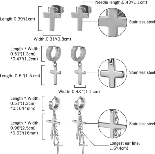 Miniatura 2 de Cupimatch Juego de 11 pares de aretes colgantes de cruz de acero inoxidable con piercings de aro con bisagras, joyería para hombres y mujeres