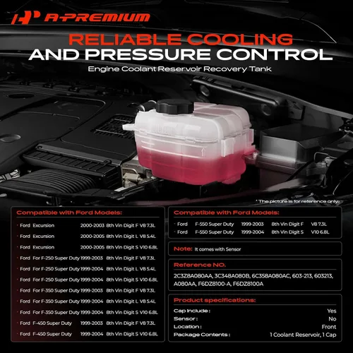 Miniatura 2 de A-Premium Tanque de expansión de refrigerante con tapa de repuesto para Ford Excursion F-250 F-350 F450 F-550 Super Duty 1999-2004 Delantero