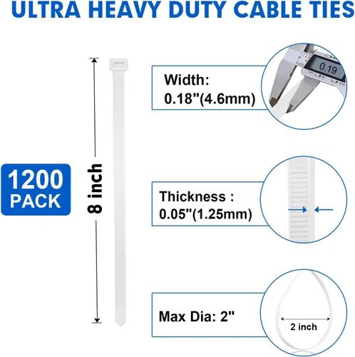 Miniatura 2 de Bridas para Cables, RAZCC 1200 piezas Bridas para Cables de 8 Pulgadas, Bridas de Alambre de Plástico Blanco Resistentes con Resistencia a