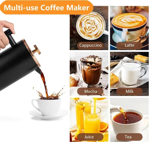 Miniatura 6 de Prensa Francesa Pequeña 350ml Negra, Prensa Francesa de Acero Inoxidable con Pared Doble Aislada para Viaje y Camping, Cafetera de Café Colado