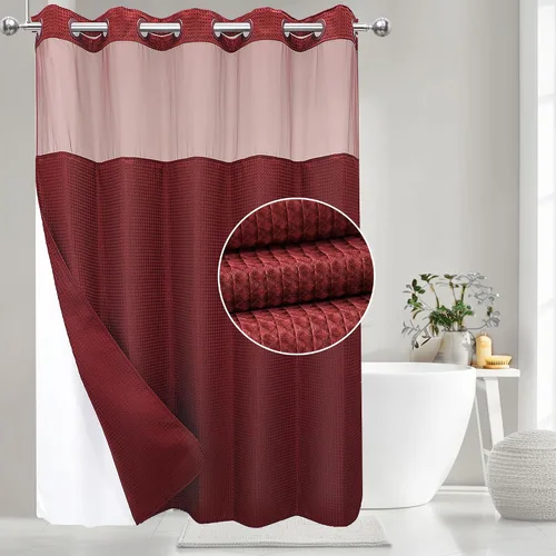 Miniatura 15 de VIUOON Cortina de ducha sin gancho de tejido de sarga con juego de forro de tela a presión, estilo hotelero con ventana superior transparente, tela