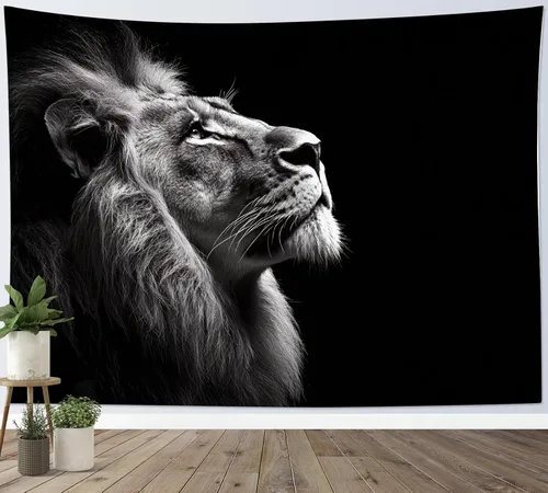 Miniatura 3 de LB Tapiz de león con animales salvajes, león africano, blanco y negro, gris, para colgar en la pared, dormitorio, sala de estar, dormitorio, arte