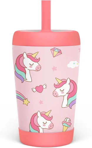 Miniatura 23 de Vaso de acero inoxidable aislado para niños con popote de silicona, taza para sorber de 12 onzas para niños (alfabeto)