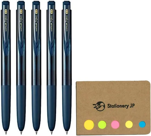 Signo RT1 - Bolígrafo retráctil de tinta de gel, punta extrafina de 0.020 in, agarre de goma, tinta azul negra, paquete de 5, notas adhesivas