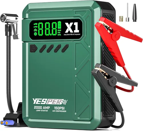 Miniatura 11 de YESPER Arrancador con Compresor de Aire 2000A 150PSI Arrancador de Batería Portátil (8L Gas/6L Diésel), Cargador de Batería de 12V Paquete