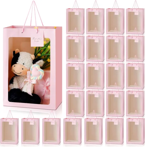Miniatura 11 de Yahenda - 24 bolsas de regalo grandes con ventana transparente de 13.8 x 9.8 x 5.9 pulgadas, bolsas de papel transparente para ramo de flores