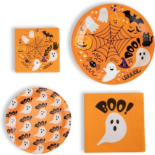 Juego de vajilla desechable de 80 piezas con diseños de fantasma y calabaza, incluye platos de 9 y 7 pulgadas, servilletas de cóctel y almuerzo,