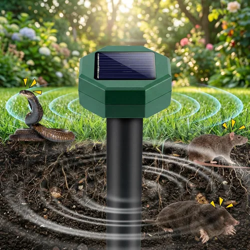 Miniatura 7 de Paquete de 8 repelentes de topos alimentado por energía solar, disuasorio ultrasónico para exteriores, pinchos sónicos para control de campañol