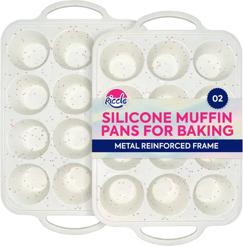 RICCLE Moldes de silicona para magdalenas para hornear con marco reforzado de metal, molde para magdalenas de 12 tazas, 2 bandejas para magdalenas