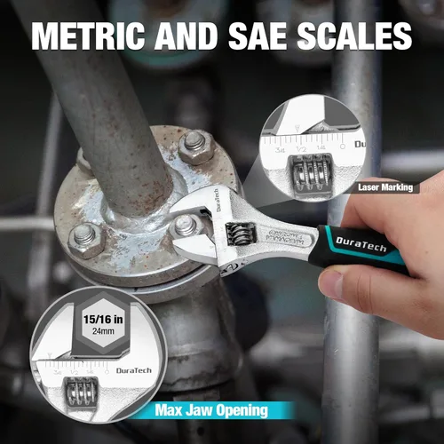Miniatura 5 de DURATECH Llave de acero Cr-V ajustable de 6 pulgadas, llave de mandíbula ancha, básculas métricas y SAE, para el hogar, garaje, taller y bricolaje