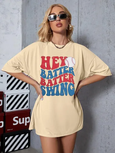 Miniatura 10 de Camiseta de béisbol para mujer, camisetas de béisbol de gran tamaño Hey Batter Batter Swing Graphic Tee Ballpark Gift Tops de manga corta