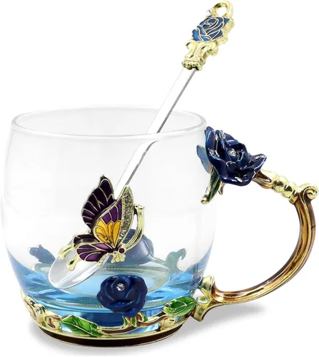 Taza de té esmaltada con flores de mariposa, taza de café de cristal, San Valentín, Día de la Madre, graduación, cumpleaños, regalos de Navidad para