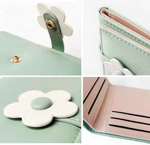 Miniatura 26 de MEISEE Billetera pequeña para niñas y mujeres, billetera de tres pliegues, bolsillo para efectivo, con estampado de flores, monedero con ventana
