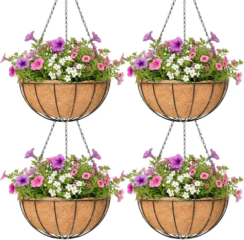 Miniatura 8 de Paquete de 4 macetas colgantes para plantas al aire libre de 12 pulgadas, cesta de flores colgante de metal con forro de fibra de coco, soporte