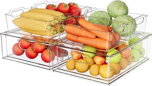 Miniatura 8 de Paquete de 4 contenedores organizadores de refrigerador con cajón extraíble, apilables, transparentes, organizadores de cajones de refrigerador