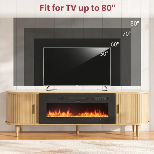 Miniatura 8 de MXV Soporte de TV con chimenea estriada de 70 ″, soporte de TV moderno de mediados de siglo con chimenea de 36 pulgadas para televisores de hasta 80