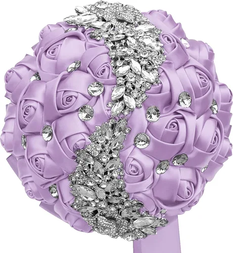 Miniatura 24 de XINNI Ramo de boda verde esmeralda para novia, dama de honor, satén rosa, ramo de boda con diamantes de imitación en forma de lluvia de meteoritos