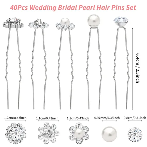 Miniatura 3 de Paquete de 40 horquillas para el pelo de perlas de boda para novia, perlas plateadas con diamantes de imitación, accesorios para decoración