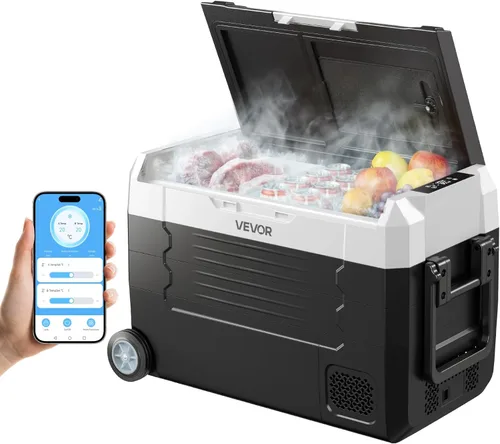 VEVOR Refrigerador de automóvil, DC 12/24V AC100-240V, enfriador eléctrico de -4 °F a 68 °F con control de aplicación, ruedas y zona doble,