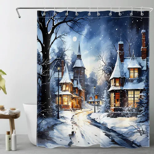 EOBTAIN Cortina de ducha de escena de invierno para baño, estilo vintage, aldea cubierta de nieve, paisaje natural, cortina de ducha con 10 ganchos,