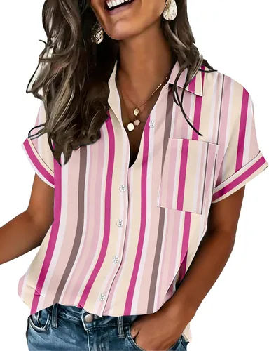 Miniatura 9 de Zeagoo Camisa de manga corta con botones para mujer, cuello en V, elegante, casual, para negocios, trabajo, con bolsillo, S-XXL