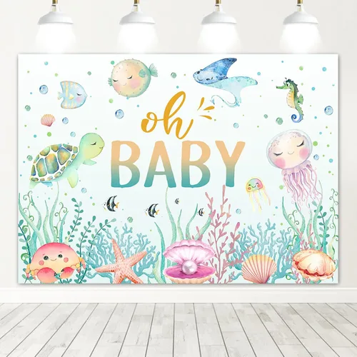 Miniatura 7 de Avezano Fondo para baby shower con texto en inglés "Under The Sea", para baby shower, fondo de fotografía de baby shower, decoración subacuática, 7