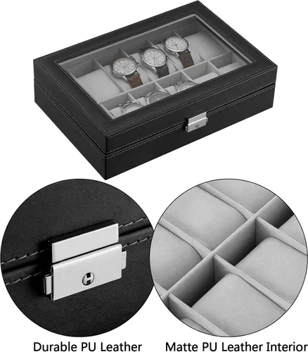 Miniatura 4 de Oyydecor Caja de reloj de piel sintética, organizador de almacenamiento de madera para almacenamiento y exhibición, regalos de hombres y mujeres