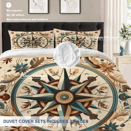 Miniatura 6 de Batmerry Compass Rose Twin Size 3 Pieces Bedding Duvet Cover Sets, Soft Fluffy Floral Themed Design 100% Cotton Printed Duvet Cover for All Season