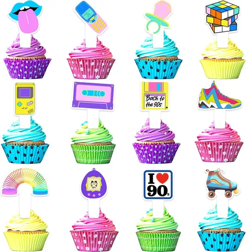 Juego de 24 piezas con temática de cumpleaños de los años 90, fiesta retro de los años 90, fiesta de cumpleaños, fiesta de baby shower o