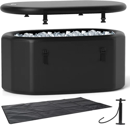 Goplus Bañera de hielo ovalada XL de 129 galones para atletas, bañera inflable con múltiples capas, tapa, bomba, mochila, compatible con enfriador