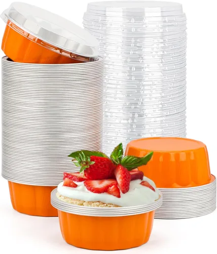 Miniatura 8 de Beasea Ramequines con tapas, 8oz 50 unidades de tazas de aluminio desechables para hornear, tazas de papel de aluminio plateado para creme brulee