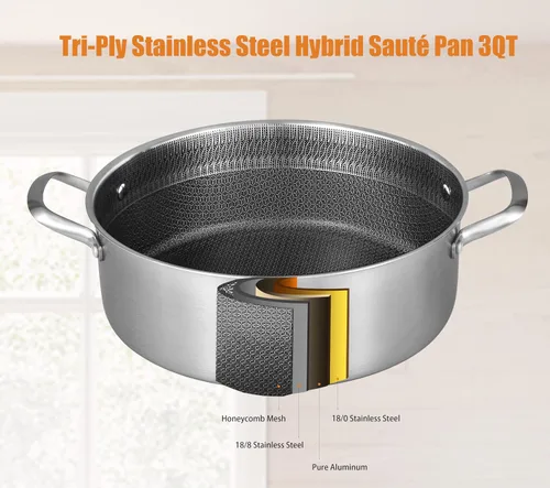 Miniatura 2 de Inqibee 3 QT de acero inoxidable híbrido tricapa antiadherente con tapa, sartén de 10 pulgadas para freír en profundidad con inducción, sartén, olla