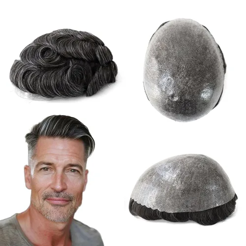 Miniatura 18 de HAIR NATURE Sistemas de reemplazo de cabello humano Toupee para hombre, 0.005 in, piel de polietileno inyectada, pelucas reales para hombres