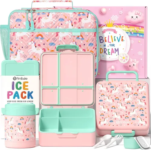 Miniatura 12 de Fimibuke Lonchera Bento para niños con 4 compartimentos, bolsa de almuerzo aislada, tarro térmico de acero inoxidable al vacío, paquete de hielo