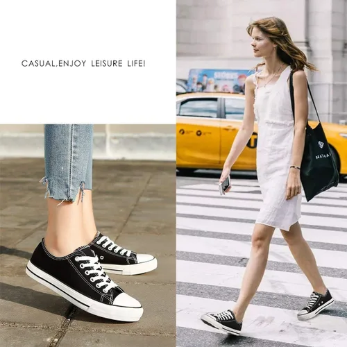 Miniatura 2 de ZGR - Tenis bajos de lona con cordones para mujer estilo clásico casual color blanco y negro