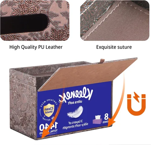 Miniatura 5 de YAPISHI Caja de pañuelos grande rectangular con almacenamiento de bandeja, soporte de pañuelos faciales de piel sintética, se adapta a 230